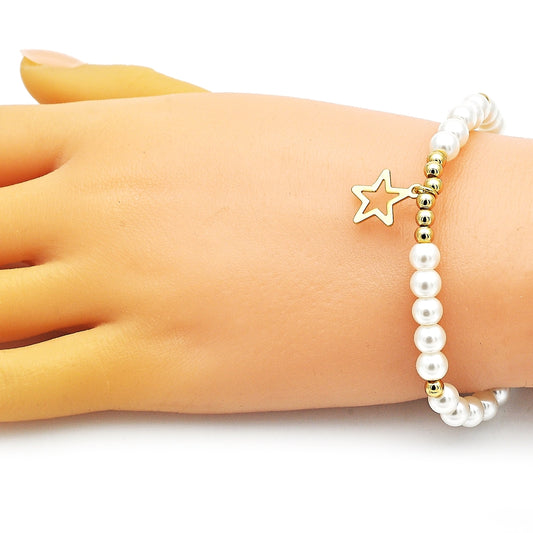 Oro Laminado Fancy Bracelet, Gold Filled Style Star and Ball Design, with Ivory Pearl, Polished, Golden Finish