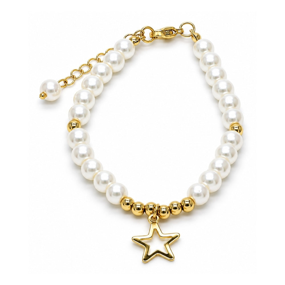 Oro Laminado Fancy Bracelet, Gold Filled Style Star and Ball Design, with Ivory Pearl, Polished, Golden Finish
