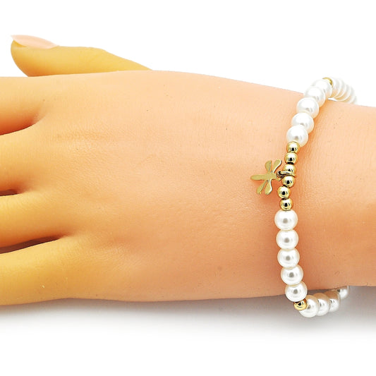 Oro Laminado Fancy Bracelet, Gold Filled Style Dragon-Fly and Ball Design, with Ivory Pearl, Polished, Golden Finish