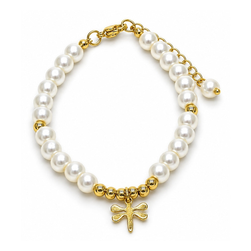 Oro Laminado Fancy Bracelet, Gold Filled Style Dragon-Fly and Ball Design, with Ivory Pearl, Polished, Golden Finish