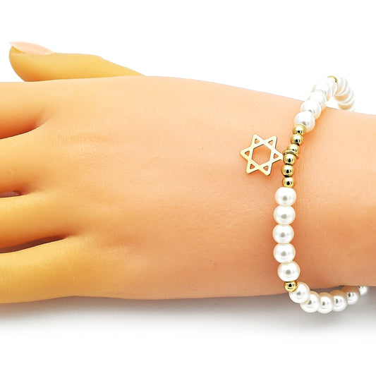 Oro Laminado Fancy Bracelet, Gold Filled Style Judaica and Star of David Design, with Ivory Pearl, Polished, Golden Finish