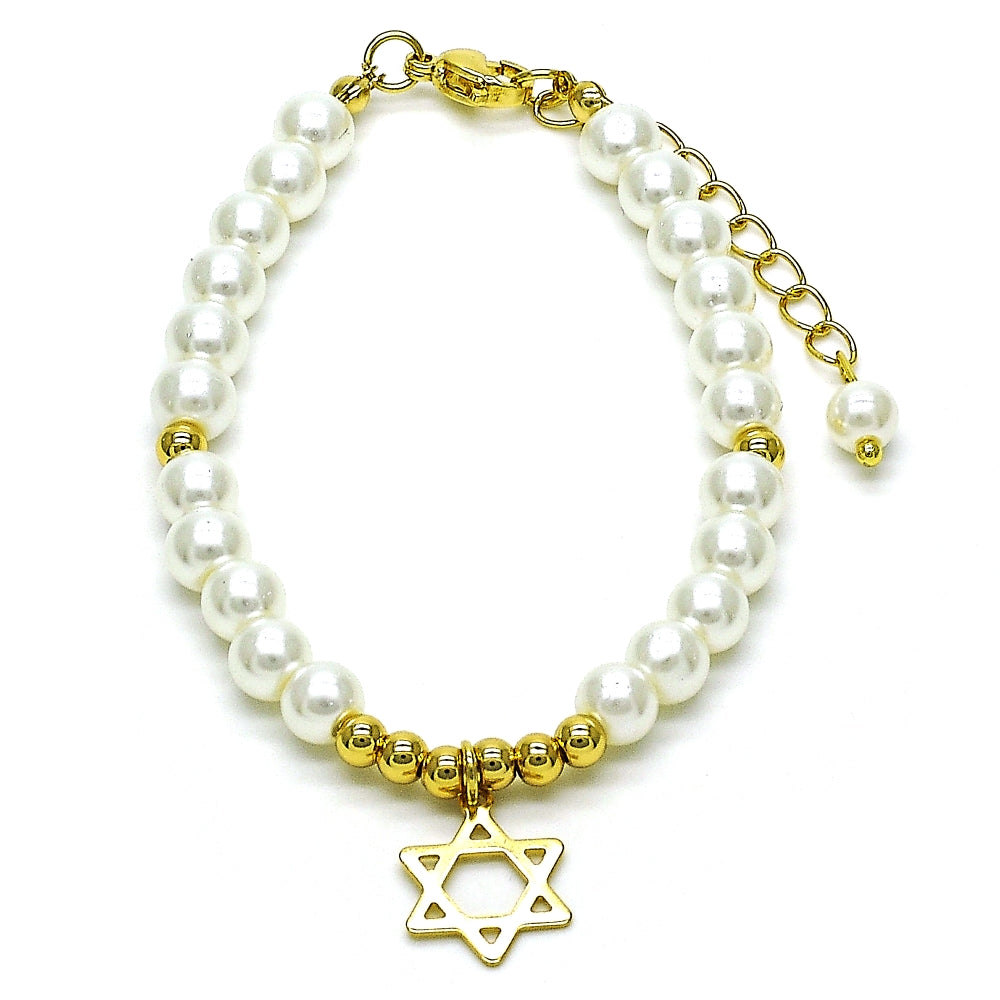 Oro Laminado Fancy Bracelet, Gold Filled Style Judaica and Star of David Design, with Ivory Pearl, Polished, Golden Finish
