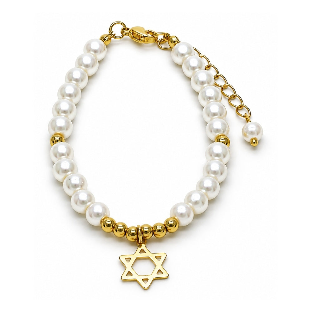 Oro Laminado Fancy Bracelet, Gold Filled Style Judaica and Star of David Design, with Ivory Pearl, Polished, Golden Finish