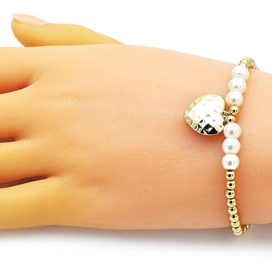 Oro Laminado Fancy Bracelet, Gold Filled Style Expandable Bead and Heart Design, with Ivory Pearl, Polished, Golden Finish