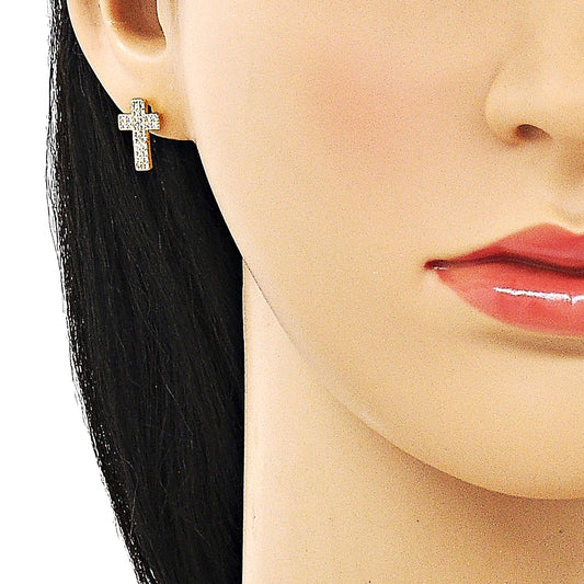 Oro Laminado Stud Earring, Gold Filled Style Cross Design, with White Micro Pave, Polished, Golden Finish