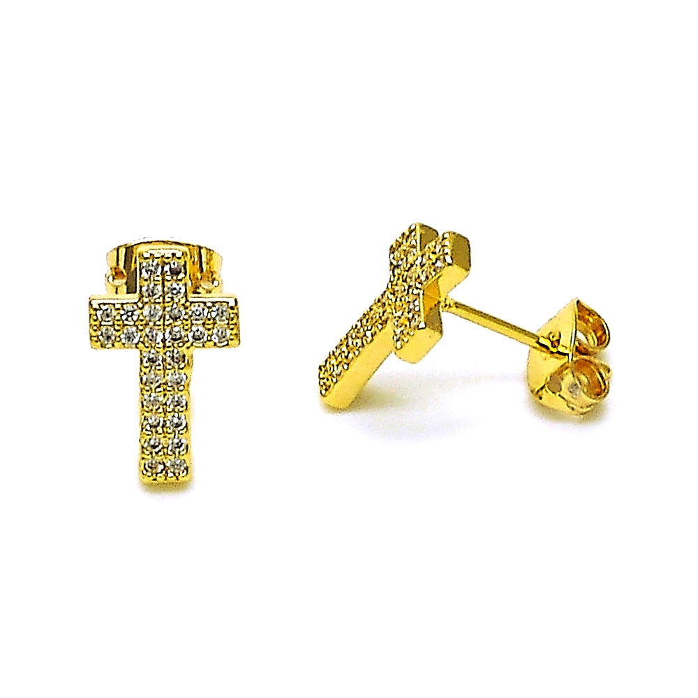 Oro Laminado Stud Earring, Gold Filled Style Cross Design, with White Micro Pave, Polished, Golden Finish