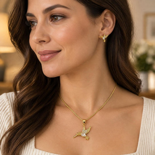 Oro Laminado Earring and Pendant Adult Set, Gold Filled Style Eagle Design, with White Cubic Zirconia and White Micro Pave, Diamond Cutting Finish, Golden Finish