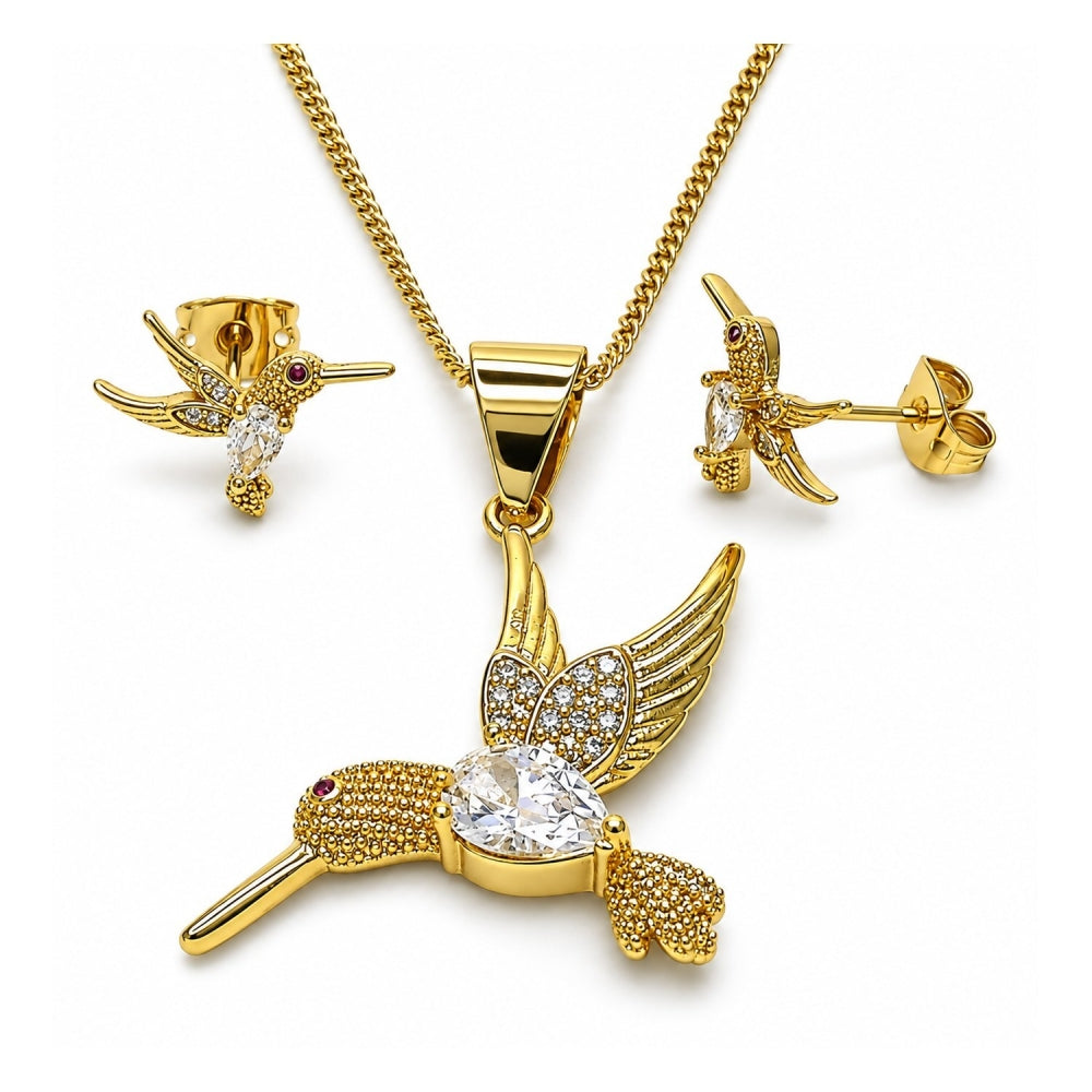 Oro Laminado Earring and Pendant Adult Set, Gold Filled Style Eagle Design, with White Cubic Zirconia and White Micro Pave, Diamond Cutting Finish, Golden Finish