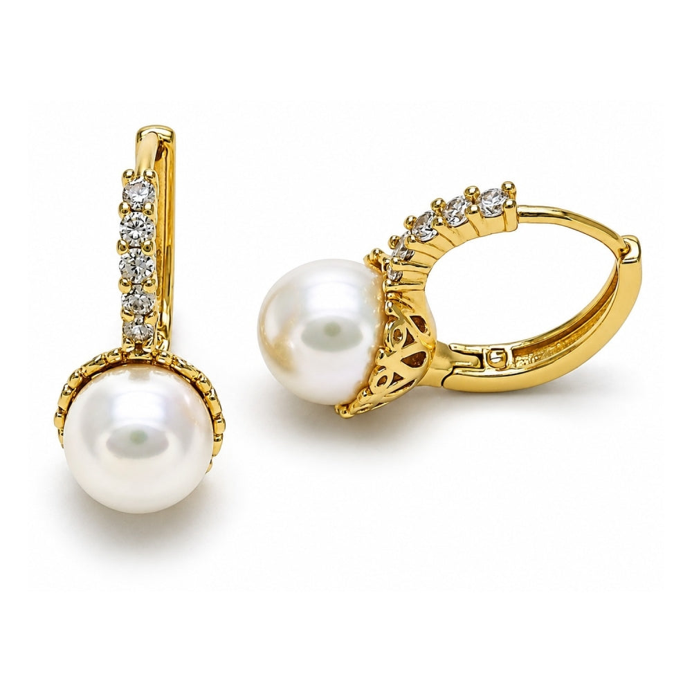 Oro Laminado Huggie Hoop, Gold Filled Style with Ivory Pearl and White Cubic Zirconia, Polished, Golden Finish