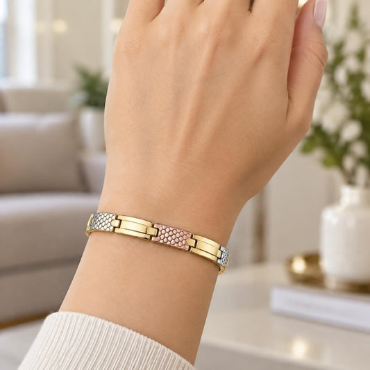 Oro Laminado Solid Bracelet, Gold Filled Style Polished, Tricolor