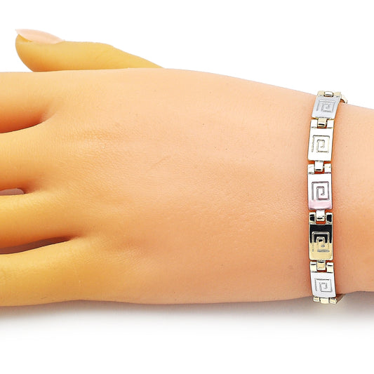 Oro Laminado Solid Bracelet, Gold Filled Style Greek Key Design, Polished, Tricolor
