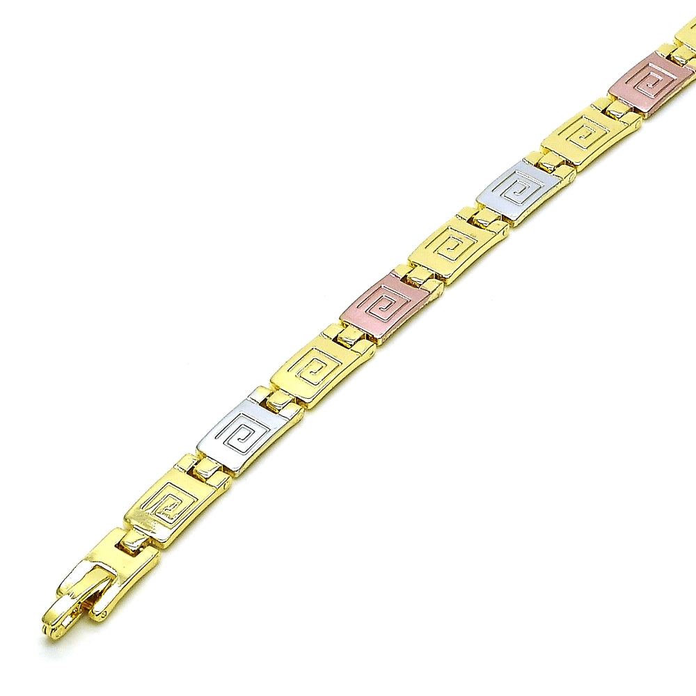 Oro Laminado Solid Bracelet, Gold Filled Style Greek Key Design, Polished, Tricolor