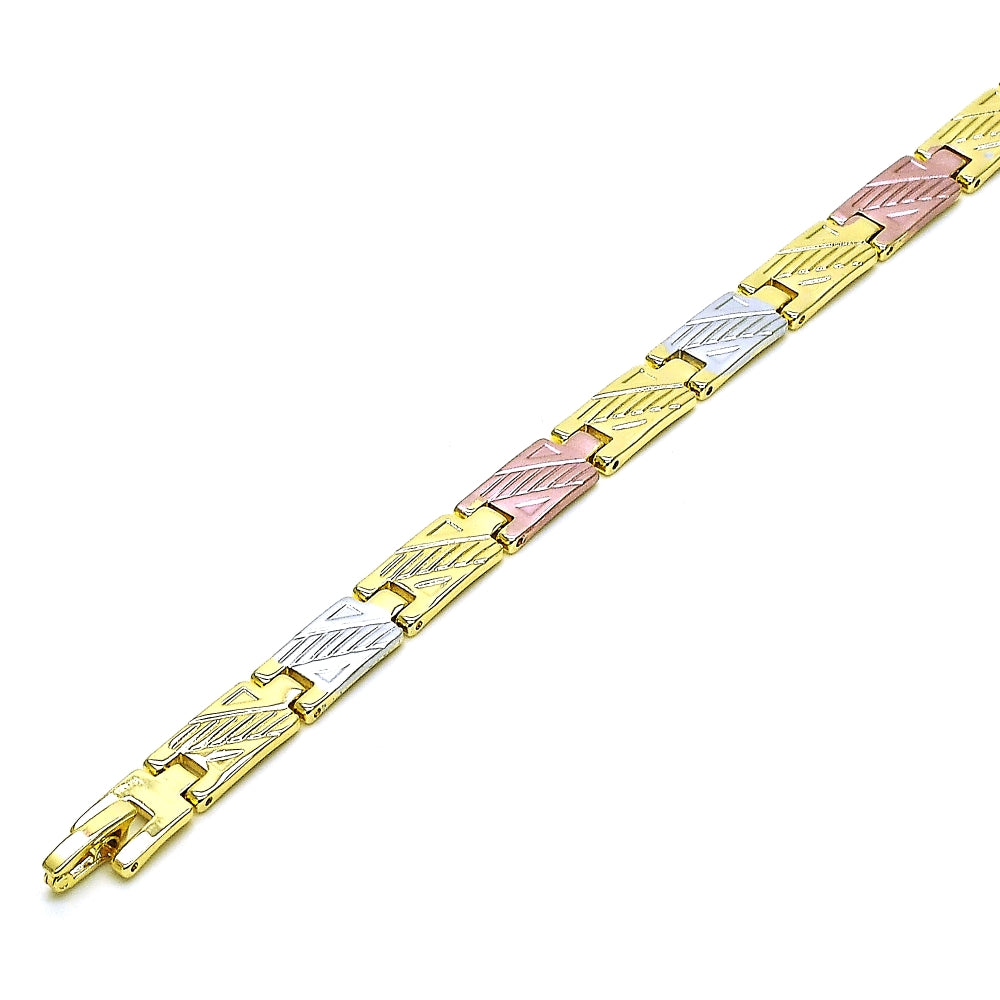 Oro Laminado Solid Bracelet, Gold Filled Style Diamond Cutting Finish, Tricolor