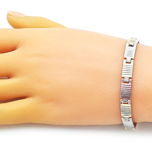 Oro Laminado Solid Bracelet, Gold Filled Style Diamond Cutting Finish, Tricolor