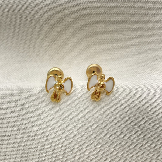 Oro Laminado Stud Earring, Gold Filled Style Angel Design, White Enamel Finish, Golden Finish