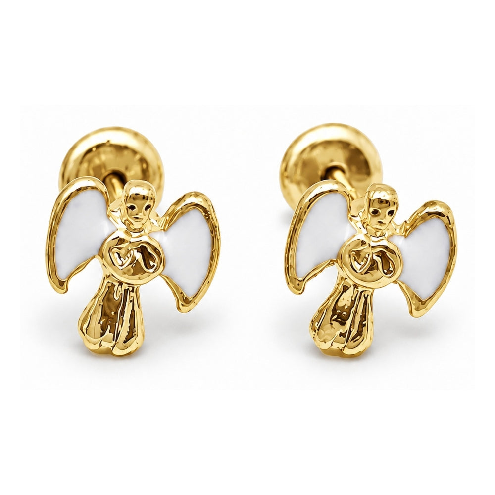 Oro Laminado Stud Earring, Gold Filled Style Angel Design, White Enamel Finish, Golden Finish