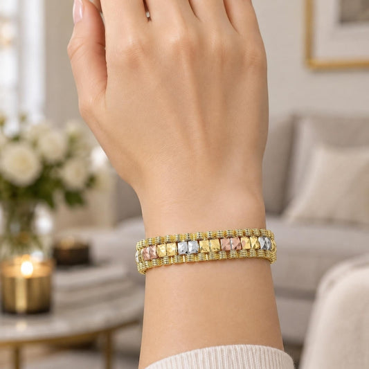 Oro Laminado Solid Bracelet, Gold Filled Style Diamond Cutting Finish, Tricolor