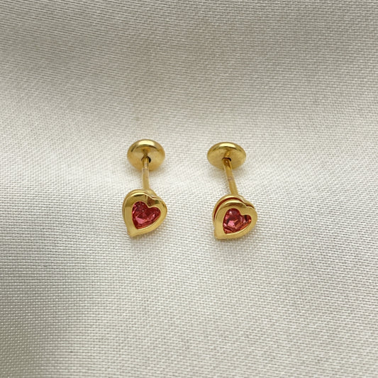 Oro Laminado Stud Earring, Gold Filled Style Heart Design, with Pink Cubic Zirconia, Polished, Golden Finish