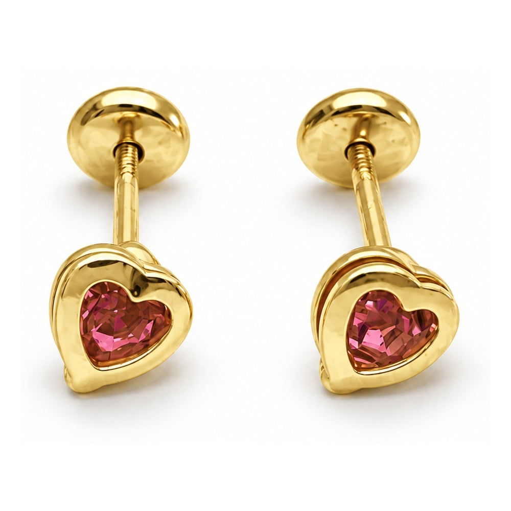 Oro Laminado Stud Earring, Gold Filled Style Heart Design, with Pink Cubic Zirconia, Polished, Golden Finish