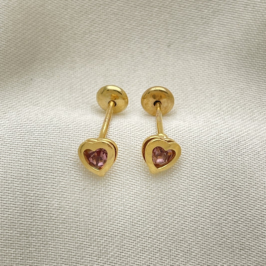 Oro Laminado Stud Earring, Gold Filled Style Heart Design, with Violet Cubic Zirconia, Polished, Golden Finish
