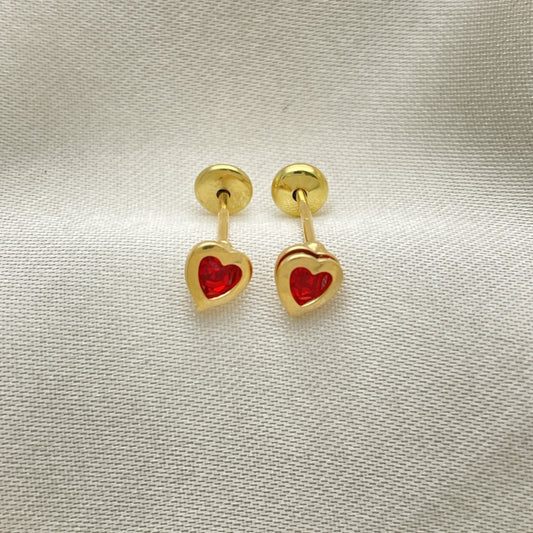 Oro Laminado Stud Earring, Gold Filled Style Heart Design, with Garnet Cubic Zirconia, Polished, Golden Finish