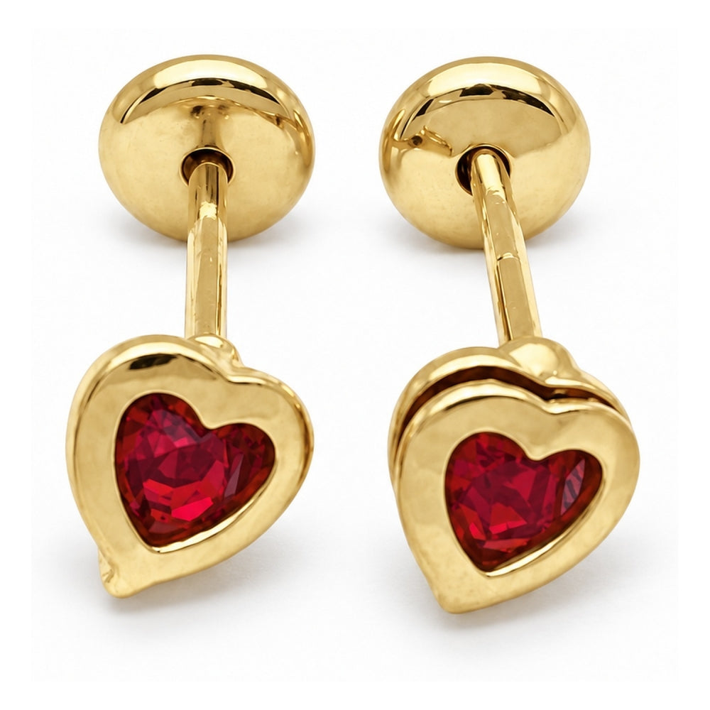 Oro Laminado Stud Earring, Gold Filled Style Heart Design, with Garnet Cubic Zirconia, Polished, Golden Finish