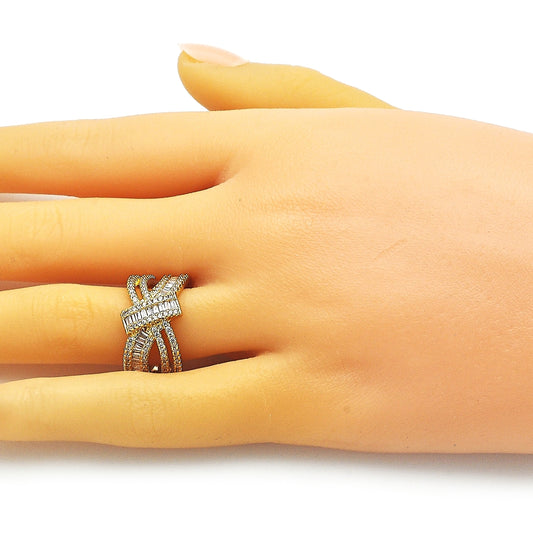 Oro Laminado Multi Stone Ring, Gold Filled Style Bow and Baguette Design, with White Cubic Zirconia and White Micro Pave, Polished, Golden Finish