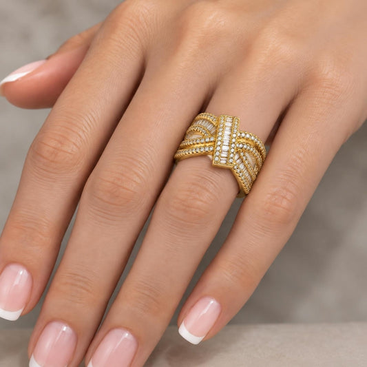 Oro Laminado Multi Stone Ring, Gold Filled Style Bow and Baguette Design, with White Cubic Zirconia and White Micro Pave, Polished, Golden Finish