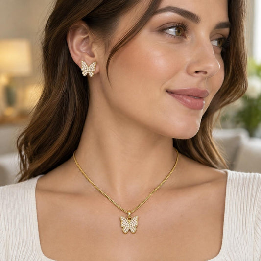 Oro Laminado Earring and Pendant Adult Set, Gold Filled Style Butterfly Design, with Ivory Pearl, Polished, Golden Finish