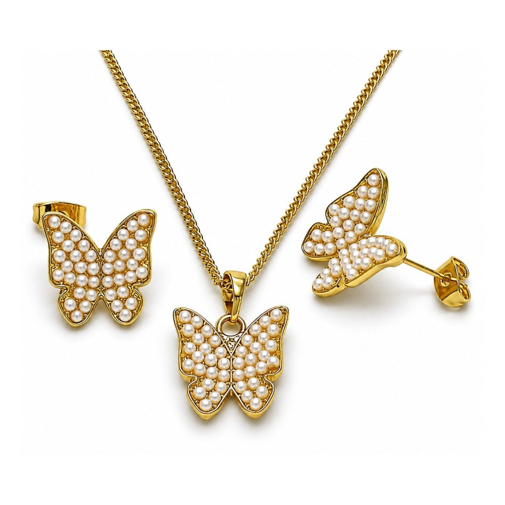 Oro Laminado Earring and Pendant Adult Set, Gold Filled Style Butterfly Design, with Ivory Pearl, Polished, Golden Finish