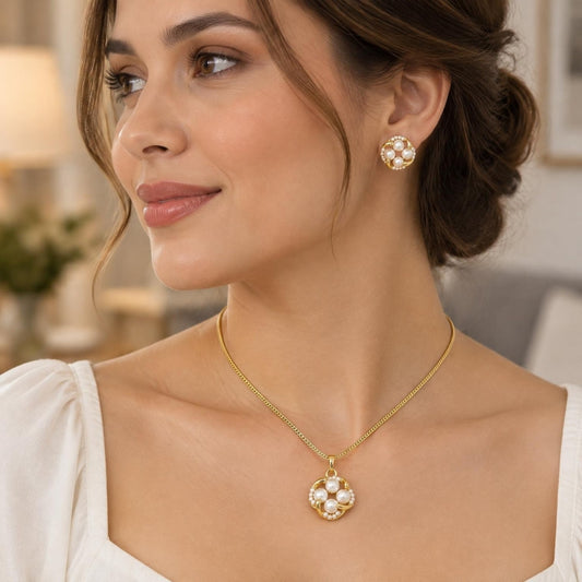 Oro Laminado Earring and Pendant Adult Set, Gold Filled Style with Ivory Pearl, Polished, Golden Finish