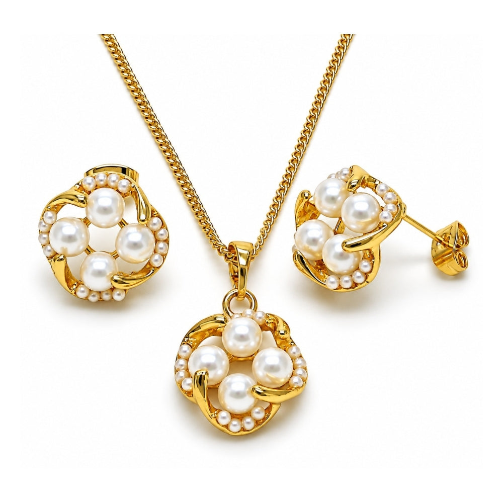 Oro Laminado Earring and Pendant Adult Set, Gold Filled Style with Ivory Pearl, Polished, Golden Finish