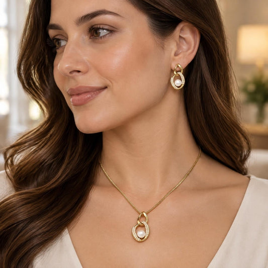 Oro Laminado Earring and Pendant Adult Set, Gold Filled Style Twist Design, with Ivory Pearl, Polished, Golden Finish