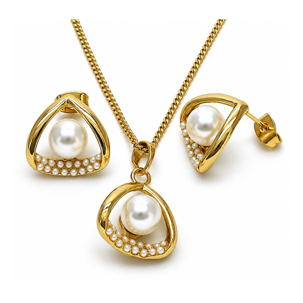 Oro Laminado Earring and Pendant Adult Set, Gold Filled Style with Ivory Pearl, Polished, Golden Finish
