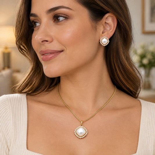 Oro Laminado Earring and Pendant Adult Set, Gold Filled Style with Ivory Pearl, Polished, Golden Finish