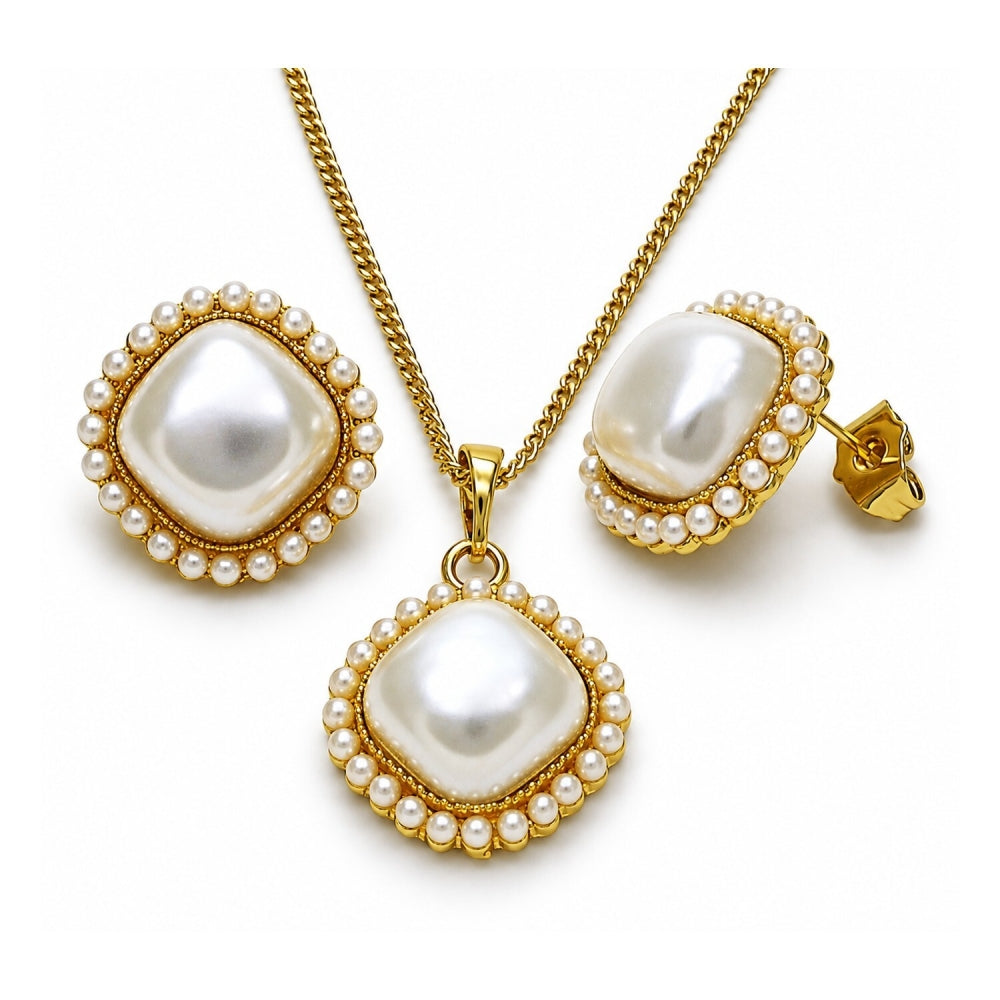 Oro Laminado Earring and Pendant Adult Set, Gold Filled Style with Ivory Pearl, Polished, Golden Finish
