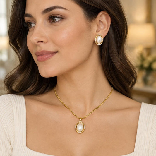 Oro Laminado Earring and Pendant Adult Set, Gold Filled Style Twist Design, with Ivory Pearl, Polished, Golden Finish