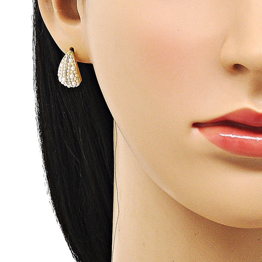 Oro Laminado Stud Earring, Gold Filled Style Leaf and Teardrop Design, with Ivory Pearl, Polished, Golden Finish