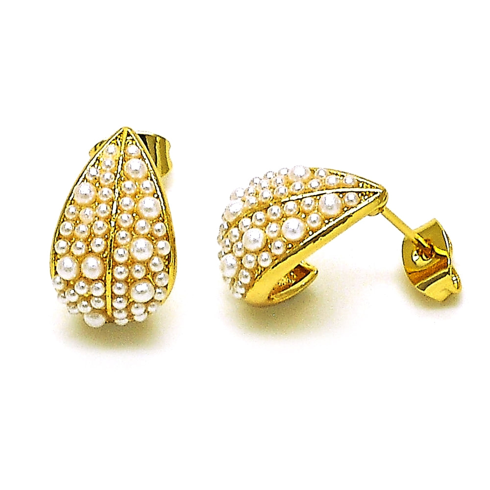 Oro Laminado Stud Earring, Gold Filled Style Leaf and Teardrop Design, with Ivory Pearl, Polished, Golden Finish