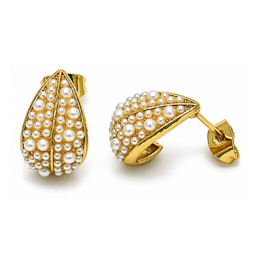 Oro Laminado Stud Earring, Gold Filled Style Leaf and Teardrop Design, with Ivory Pearl, Polished, Golden Finish