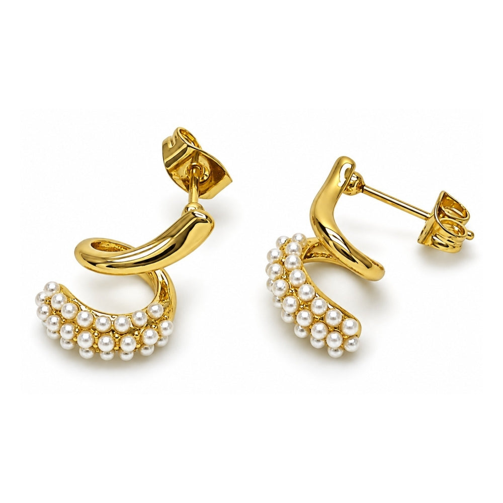 Oro Laminado Stud Earring, Gold Filled Style Snake Design, with Ivory Pearl, Polished, Golden Finish