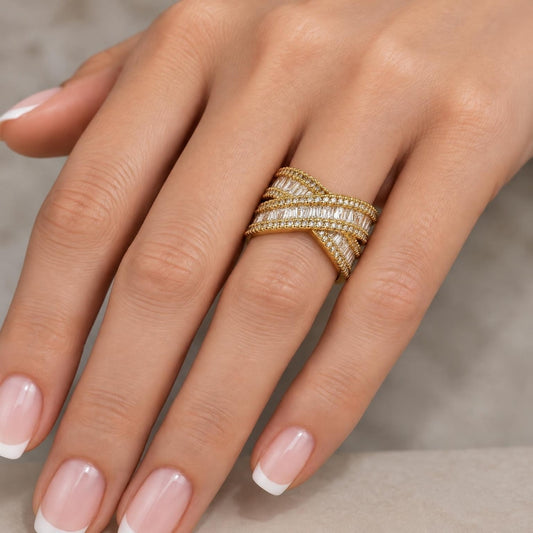 Oro Laminado Multi Stone Ring, Gold Filled Style Baguette Design, with White Cubic Zirconia and White Micro Pave, Polished, Golden Finish