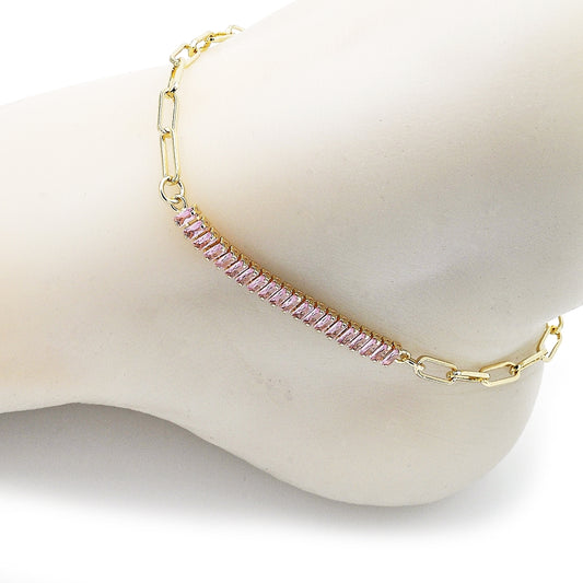 Oro Laminado Fancy Anklet, Gold Filled Style Paperclip and Baguette Design, with Pink Cubic Zirconia, Polished, Golden Finish