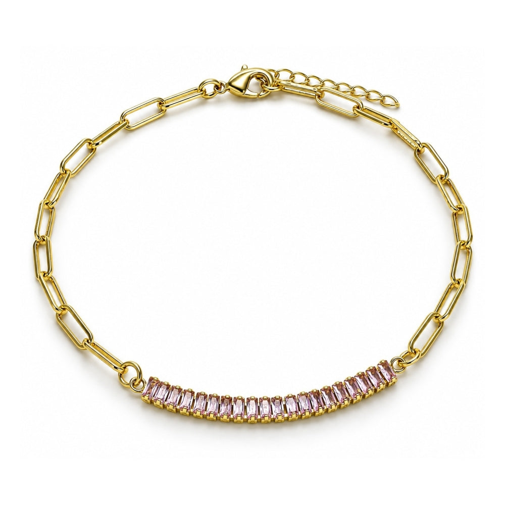 Oro Laminado Fancy Anklet, Gold Filled Style Paperclip and Baguette Design, with Pink Cubic Zirconia, Polished, Golden Finish