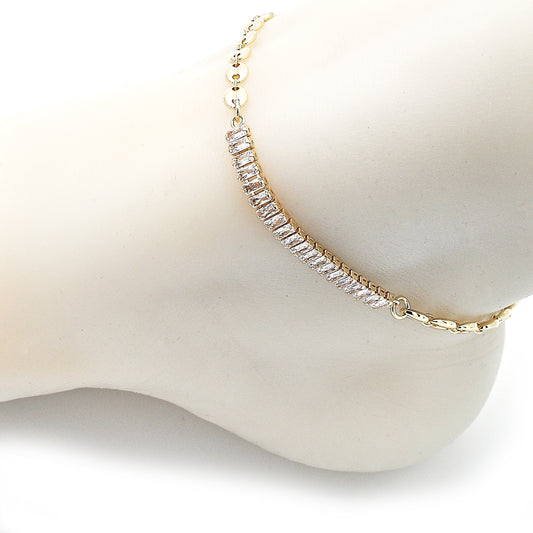 Oro Laminado Fancy Anklet, Gold Filled Style Puff Mariner and Baguette Design, with White Cubic Zirconia, Polished, Golden Finish