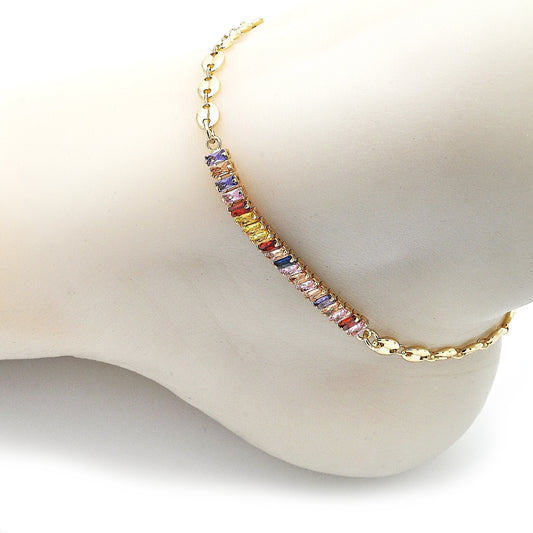 Oro Laminado Fancy Anklet, Gold Filled Style Puff Mariner and Baguette Design, with Multicolor Cubic Zirconia, Polished, Golden Finish