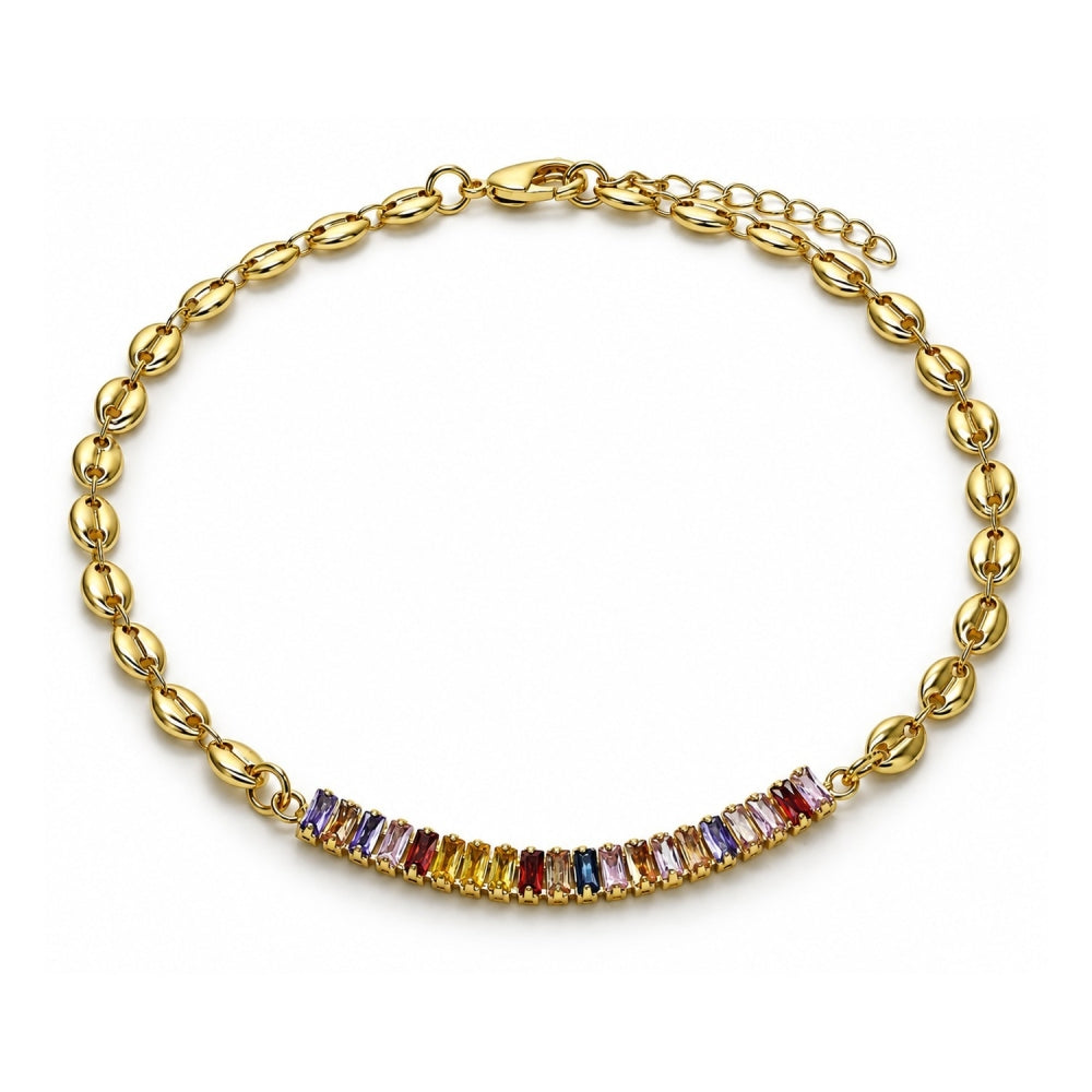 Oro Laminado Fancy Anklet, Gold Filled Style Puff Mariner and Baguette Design, with Multicolor Cubic Zirconia, Polished, Golden Finish