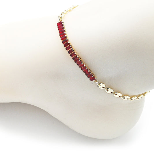 Oro Laminado Fancy Anklet, Gold Filled Style Puff Mariner and Baguette Design, with Garnet Cubic Zirconia, Polished, Golden Finish