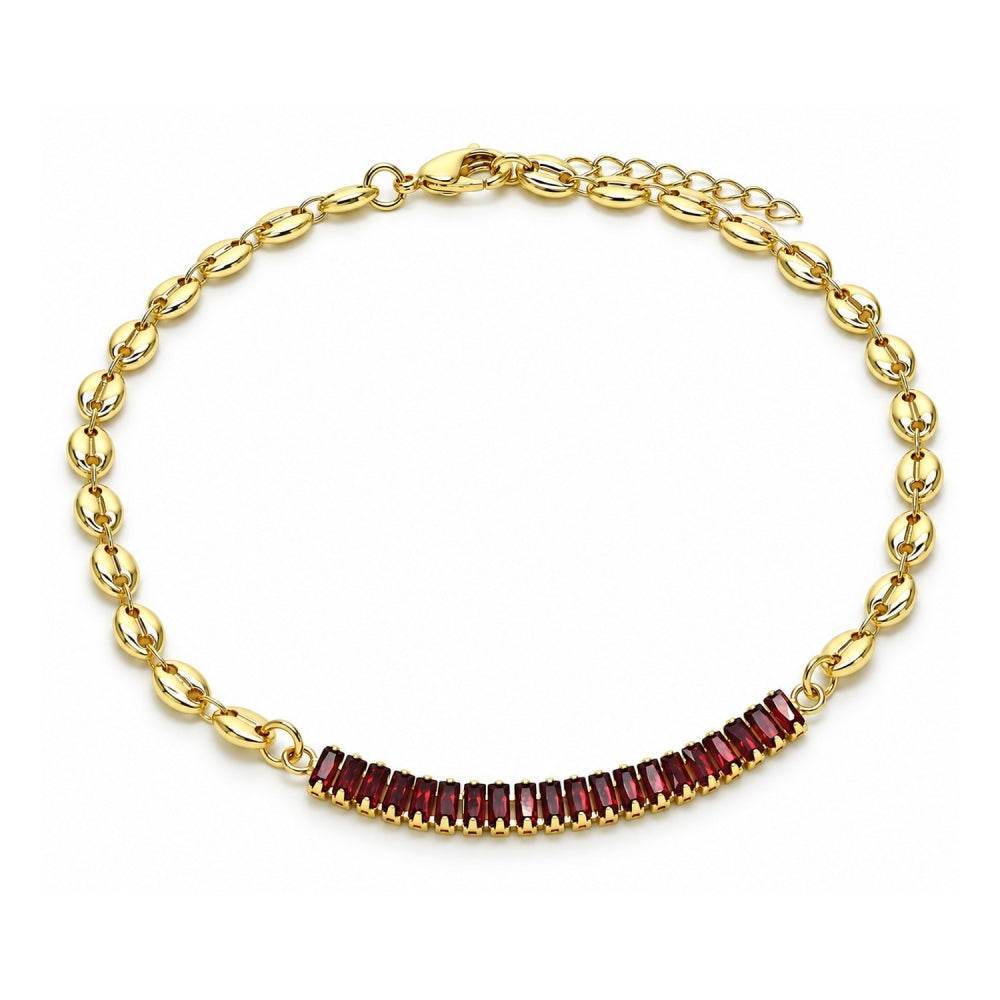 Oro Laminado Fancy Anklet, Gold Filled Style Puff Mariner and Baguette Design, with Garnet Cubic Zirconia, Polished, Golden Finish