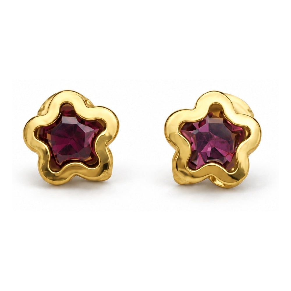 Oro Laminado Stud Earring, Gold Filled Style Star Design, with Dark Amethyst Cubic Zirconia, Polished, Golden Finish